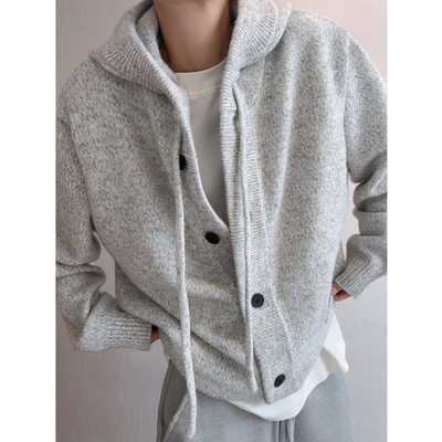 dannyandzee冬季加厚重磅纯色连帽宽松百搭叠穿纽扣厚毛衣外套男