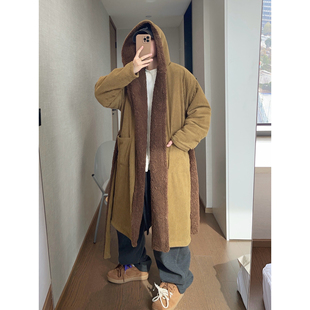 dannyandzee冬季保暖复古姜黄色灯芯绒加绒连帽长款厚外套浴袍男