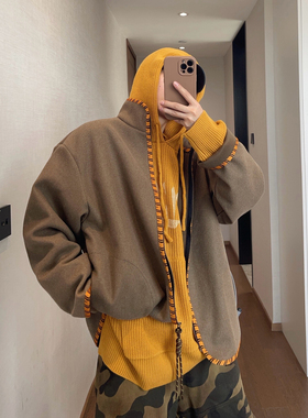 dannyandzee秋季复古百搭棕色系虎纹织带呢料立领拉链夹克外套男