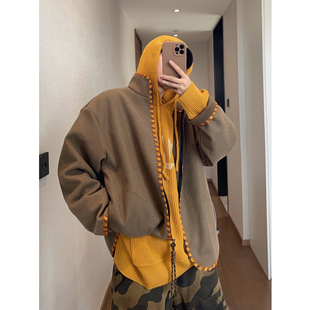 dannyandzee秋季 复古百搭棕色系虎纹织带呢料立领拉链夹克外套男