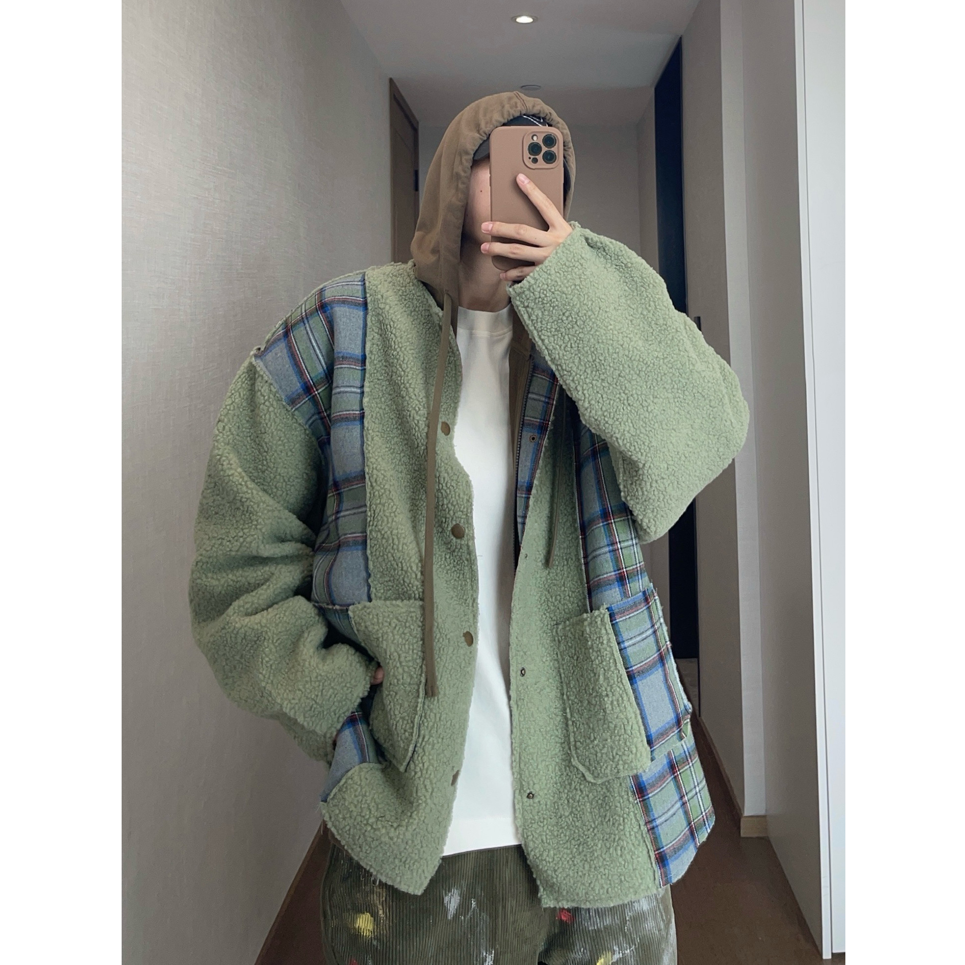 dannyandzee秋冬复古冰淇淋绿格子颗粒绒保暖加厚无领外套夹克男