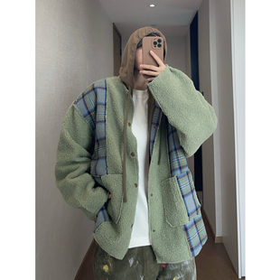 dannyandzee春季复古冰淇淋绿格子颗粒绒保暖加厚无领外套夹克男