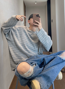 dannyandzee秋季复古百搭宽松毛边圆领条纹长袖T恤打底衫男薄款