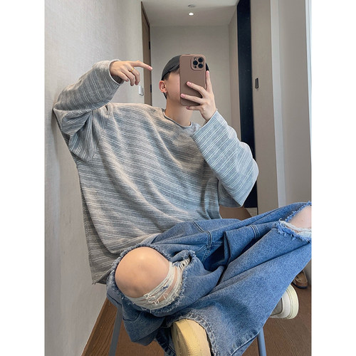 dannyandzee秋季复古百搭宽松毛边圆领条纹长袖T恤打底衫男薄款