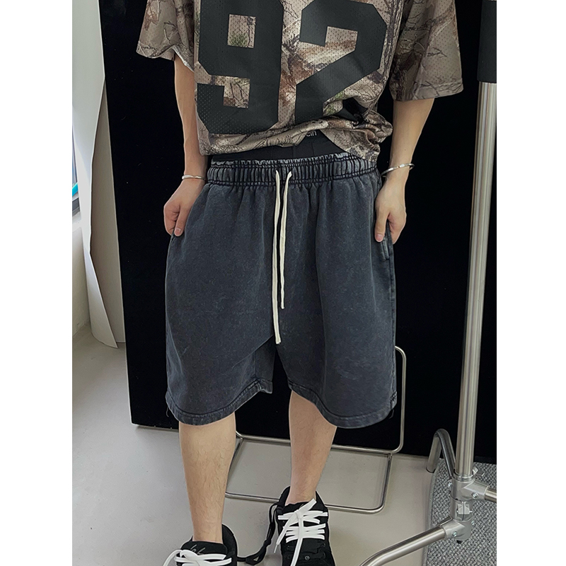 dannyandzee夏季复古做旧420g棉重水洗蜡染宽松毛圈短裤五分裤男