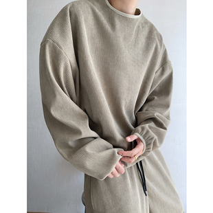 dannyandzee秋冬复古豆沙绿慵懒灯芯绒加绒加厚保暖圆领卫衣男INS