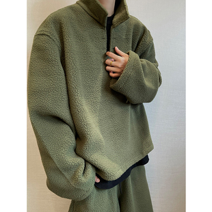 dannyandzee秋冬军绿色宽松短款翻领颗粒绒保暖加绒加厚卫衣男INS