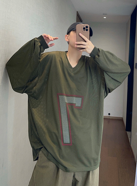 dannyandzee秋季复古宽松军绿色网眼数字印花V领长袖T恤男球衣INS