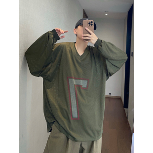 dannyandzee春季 T恤男球衣INS 复古宽松军绿色网眼数字印花V领长袖