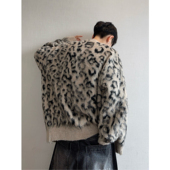 dannyandzee春季 复古保暖卡其豹纹提花拉毛纽扣开衫 毛衣外套男INS