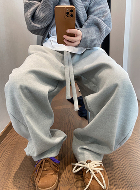 dannyandzee冬季复古百搭灰色松紧腰飘带纯色呢料弯刀裤休闲裤男