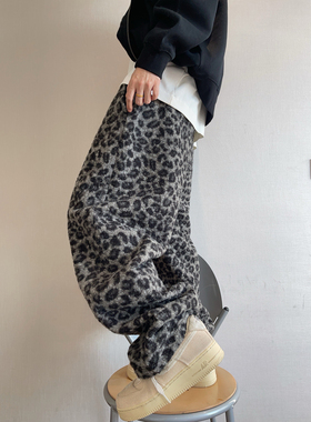 dannyandzee冬季复古痞帅保暖黑色豹纹呢料加绒长裤弯刀裤男卫裤