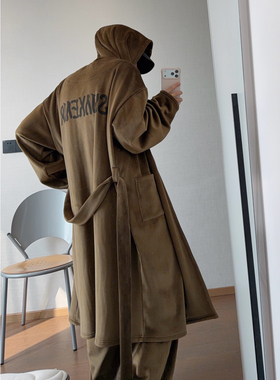dannyandzee冬季复古军绿色连帽丝绒风衣款睡袍浴袍长款厚外套男