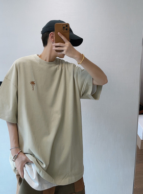 dannyandzee夏季复古百搭300g棉磨毛感宽松椰树LOGO印花短袖T恤男