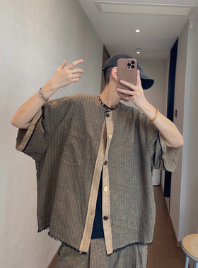 dannyandzee夏季复古宽松咖色竖条纹亚麻混纺毛边短袖衬衫男衬衣