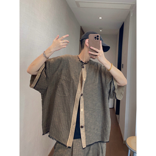 dannyandzee夏季复古宽松咖色竖条纹亚麻混纺毛边短袖衬衫男衬衣