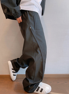 dannyandzee秋冬侧边弧线拼接复古黑色PU皮裤松紧腰男直筒裤长裤