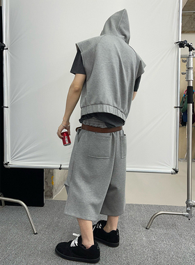 dannyandzee夏季复古百搭慵懒灰色运动休闲七分裤连帽马甲套装男