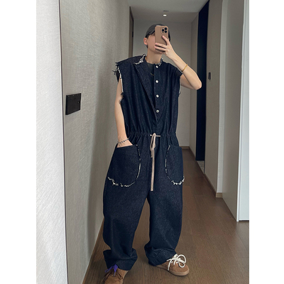 dannyandzee夏季复古百搭宽松丹宁色毛边排扣无袖连体牛仔裤男INS