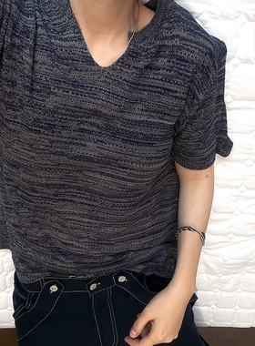 dannyandzee夏季复古百搭灰蓝色渐变垂感薄款V领冰丝针织短袖男