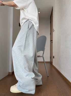 dannyandzee春季宽松复古松紧腰浅灰色百搭直筒毛圈卫裤男休闲裤