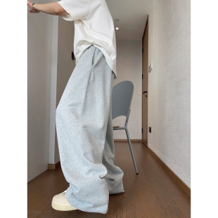 男休闲裤 dannyandzee春季 宽松复古松紧腰浅灰色百搭直筒毛圈卫裤