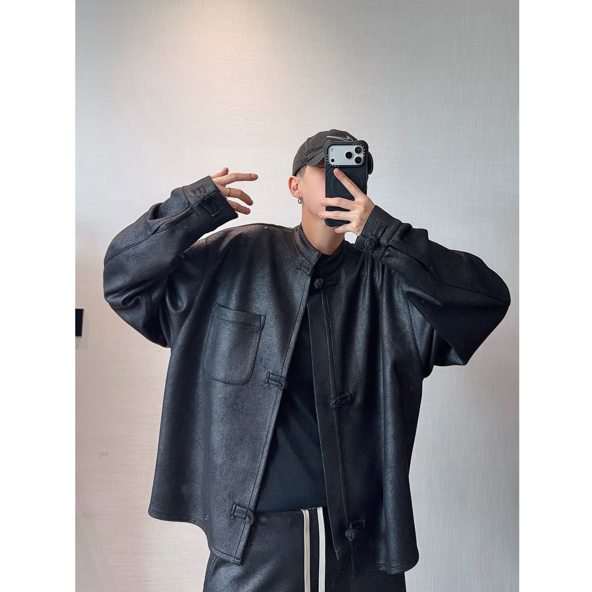 dannyandzee秋季复古百搭宽松立领黑色麂皮绒短款盘扣夹克外套男