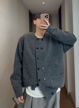 dannyandzee秋季复古百搭圆领黑灰纯色双排扣针织开衫毛衣外套男