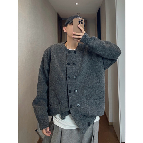 dannyandzee春季复古百搭圆领黑灰纯色双排扣针织开衫毛衣外套男