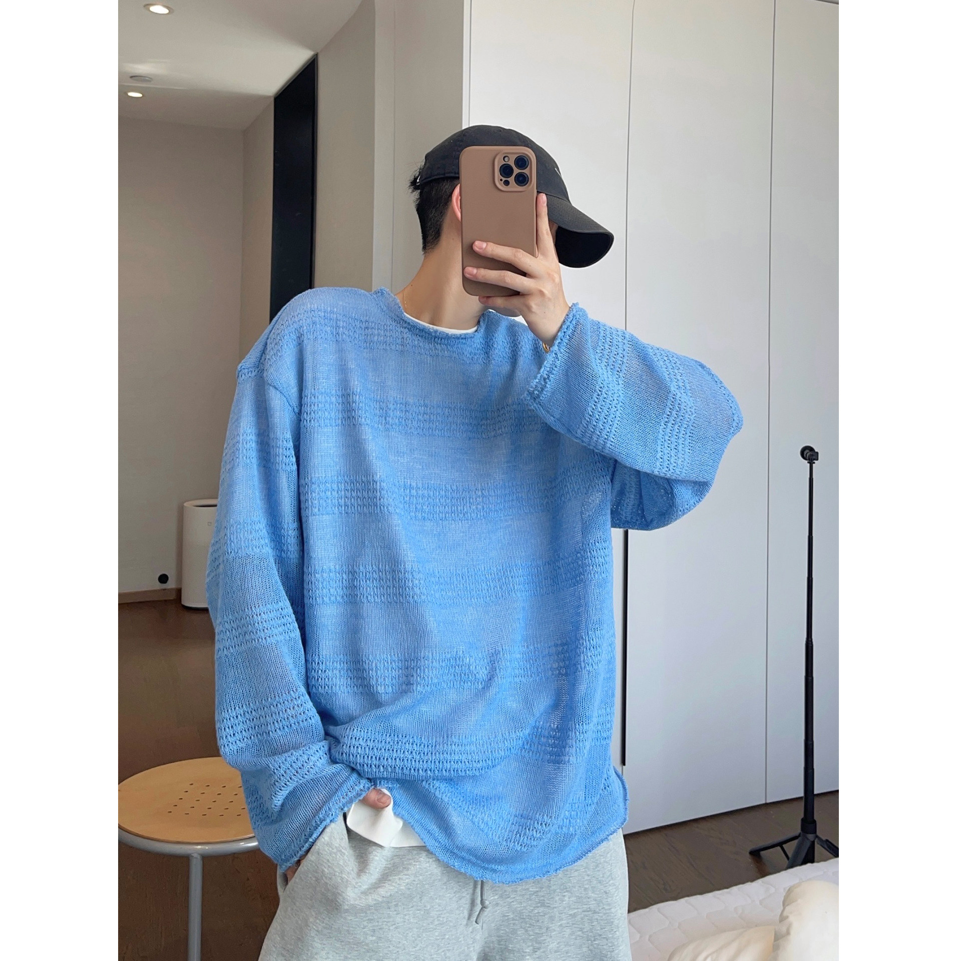 dannyandzee春夏度假慵懒风冰蓝色提花网眼透视薄款长袖T恤男罩衫