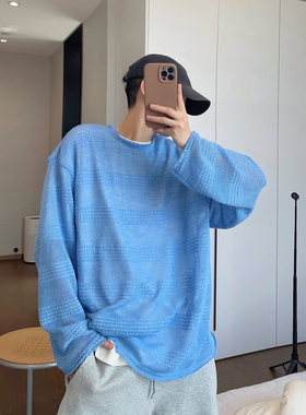 dannyandzee春夏度假慵懒风冰蓝色提花网眼透视薄款长袖T恤男罩衫