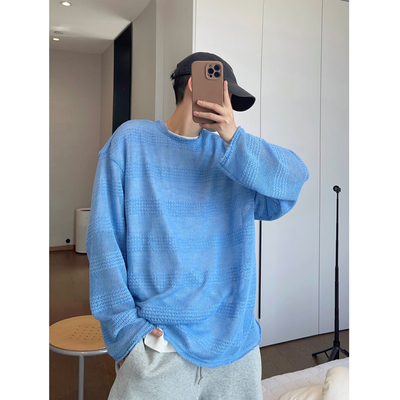 dannyandzee春夏度假慵懒风冰蓝色提花网眼透视薄款长袖T恤男罩衫