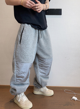 dannyandzee冬季复古百搭浅灰色颗粒绒保暖厚直筒裤子束脚裤男INS