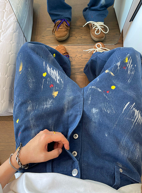 dannyandzee秋季复古重磅350g珠帆刷漆蓝色工装裤法工裤男休闲裤