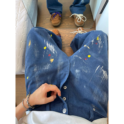 dannyandzee春夏复古重磅350g珠帆刷漆蓝色工装裤法工裤男休闲裤