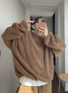 dannyandzee冬季复古慵懒驼色云朵绒纯色宽松保暖加绒加厚卫衣男