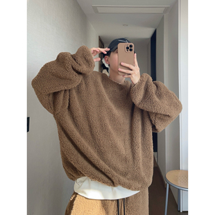 dannyandzee冬季 复古慵懒驼色云朵绒纯色宽松保暖加绒加厚卫衣男