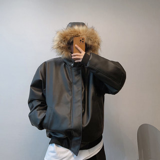 dannyandzee清仓冬季复古百搭保暖可脱卸毛领PU皮棉衣厚外套男INS