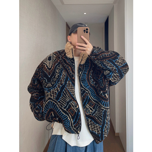 dannyandzee秋冬复古保暖撞色民族风提花颗粒绒毛领棉衣厚外套男