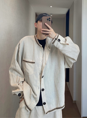 dannyandzee夏季宽松薄款180克重麻本色毛边织带麻料长袖衬衫男