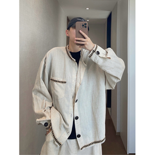 dannyandzee夏季宽松薄款180克重麻本色毛边织带麻料长袖衬衫男