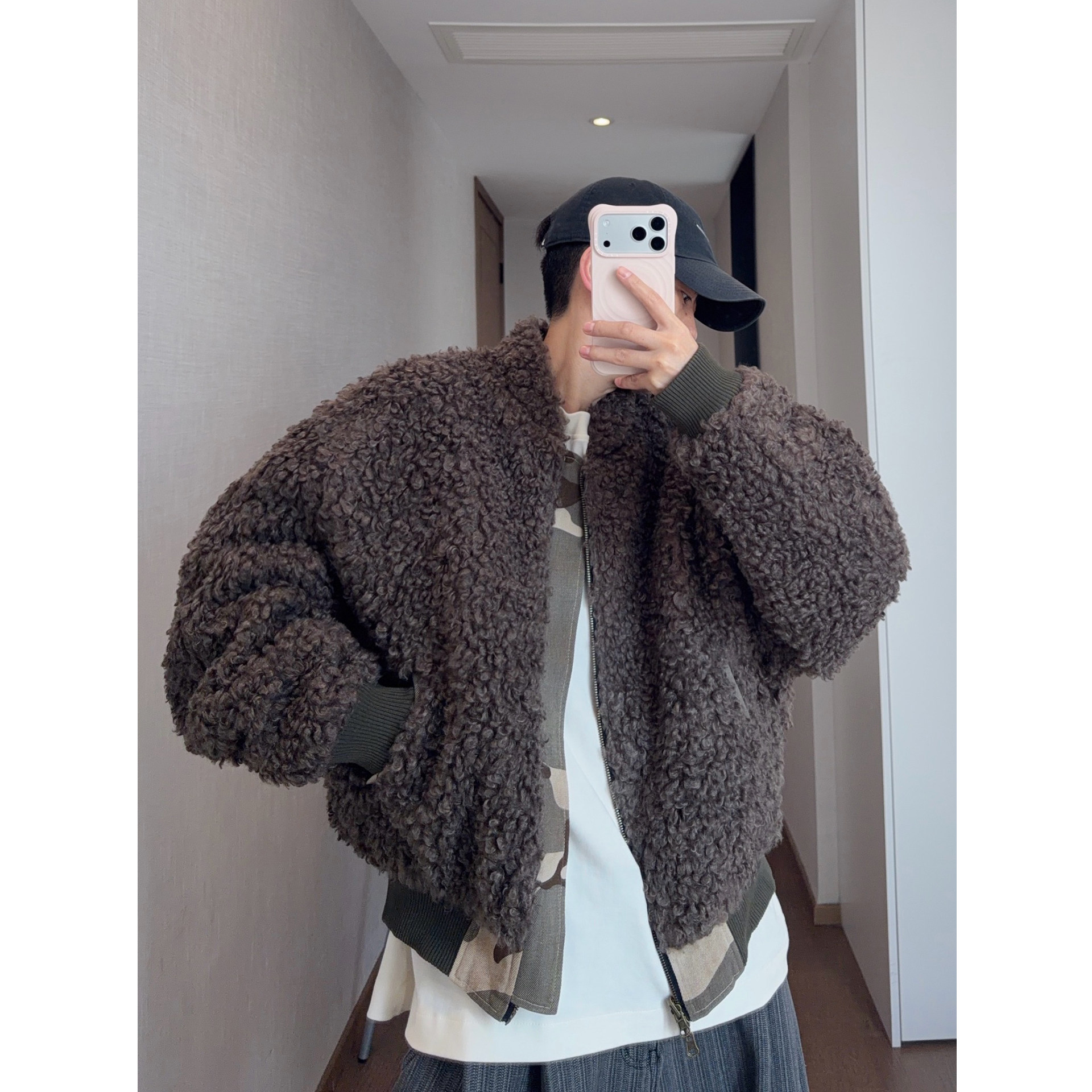 dannyandzee冬季复古保暖水洗做旧双面穿迷彩圈圈毛绒厚外套男INS