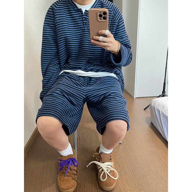 dannyandzee秋季复古百搭慵懒蓝黑色亨利领长袖短裤条纹套装男INS