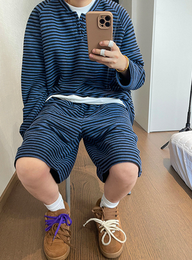 dannyandzee秋季复古百搭慵懒蓝黑色亨利领长袖短裤条纹套装男INS