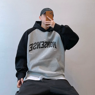 潮牌宽松复古插肩撞色黑灰字母连帽卫衣男帽衫 INS dannyandzee春季
