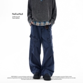 NOFUNNULL 男女高街vibe直筒阔腿宽松休闲裤 复古设计感褶皱工装 裤