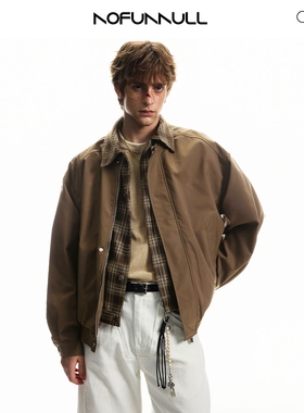 NOFUNNULL 美式复古格纹翻领拼接外套男冬季假两件情侣夹克棉衣潮