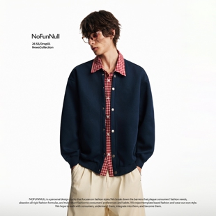 NOFUNNULL 假两件格纹拼接开衫 卫衣春季 男设计感宽松翻领外套 美式