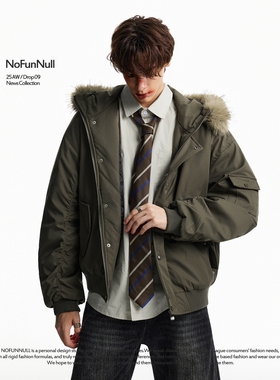 NOFUNNULL 美式重磅毛领连帽派克服棉衣男冬季加厚保暖飞行员外套