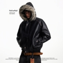 NOFUNNULL 重磅加厚PU座山雕冬季男女设计感廓形棉衣连帽棉服外套